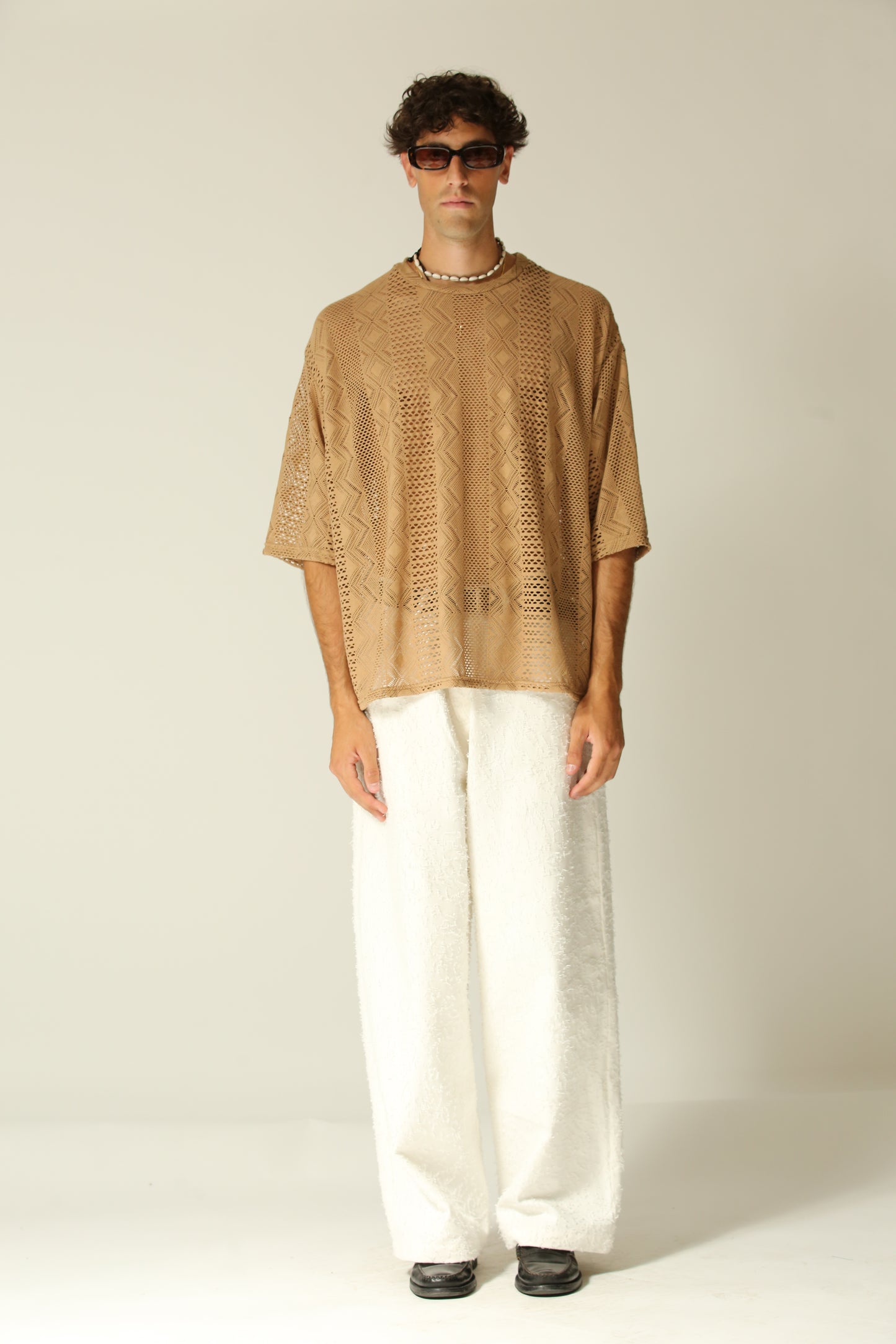 T-shirt traforata crop manica 3/4beige