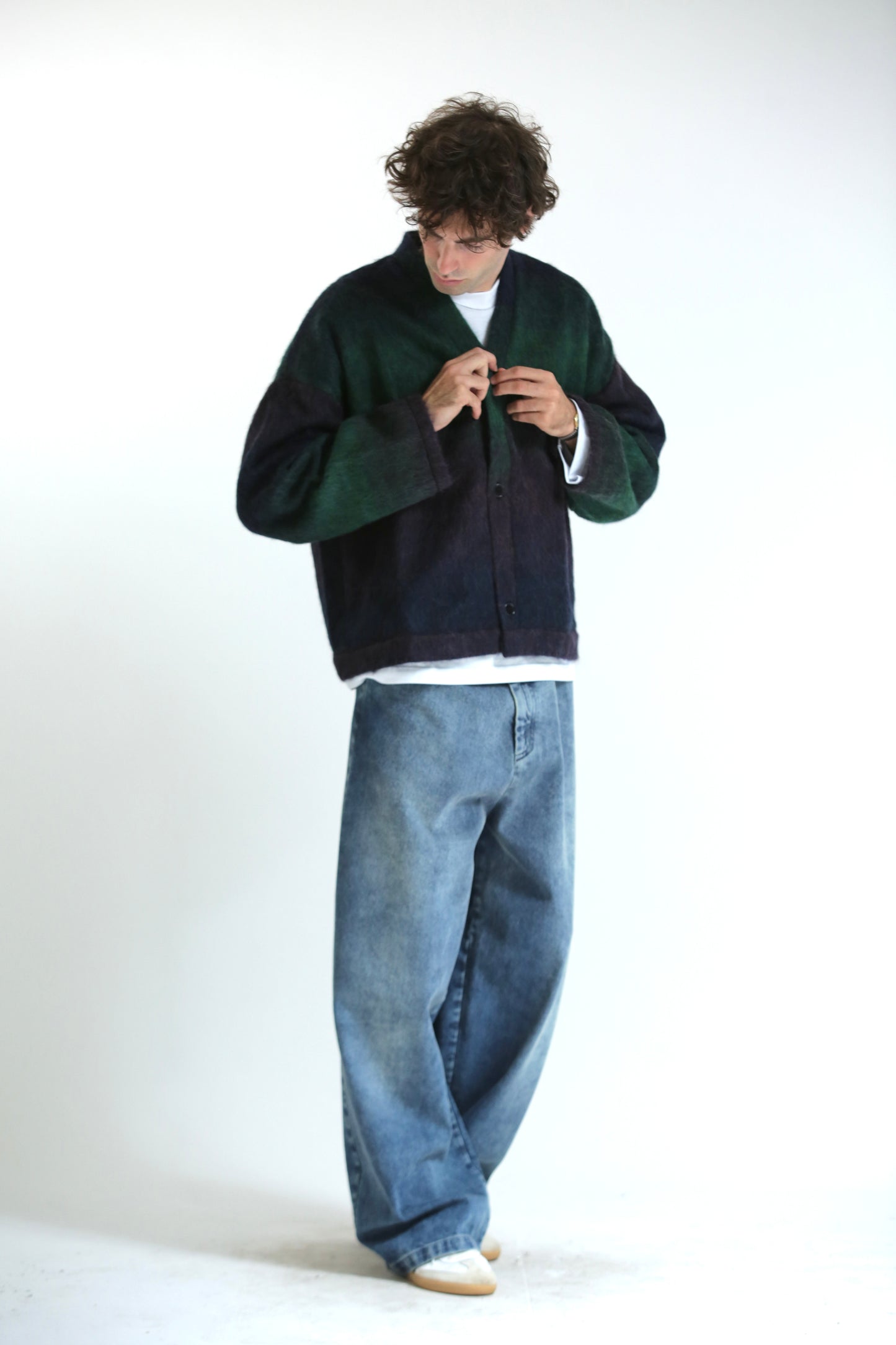 Cardigan mohair viola blu verde