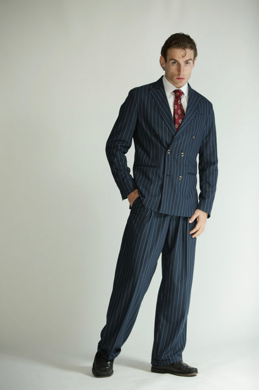 Pantalone vita alta fondo largo gessato blu