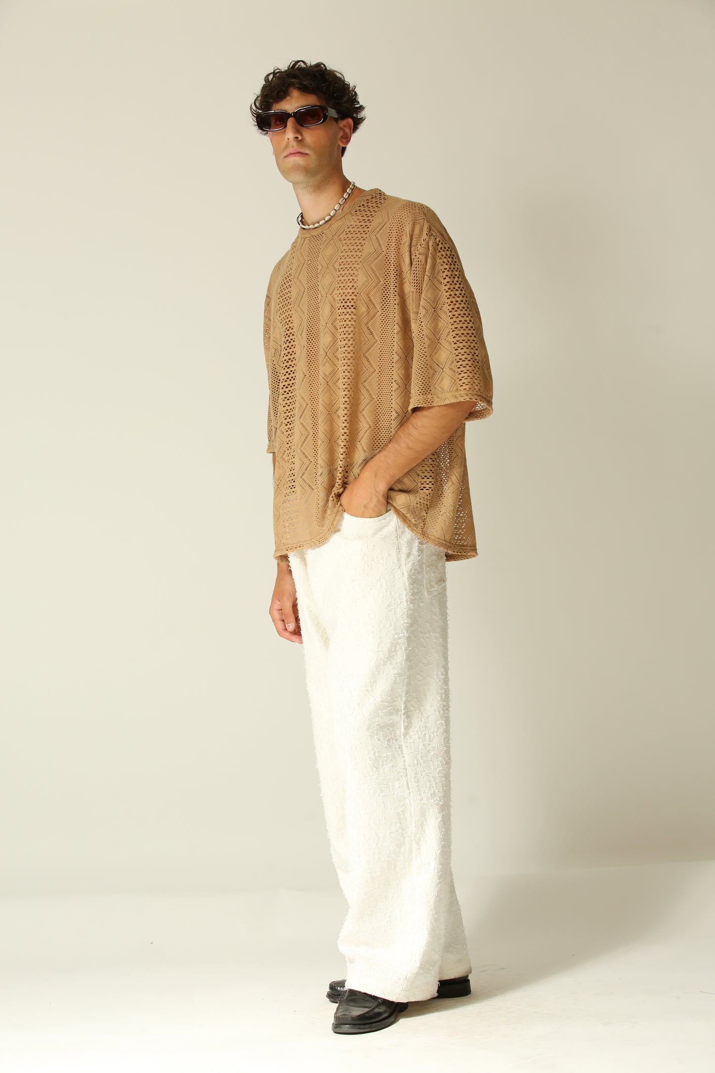 T-shirt traforata crop manica 3/4beige