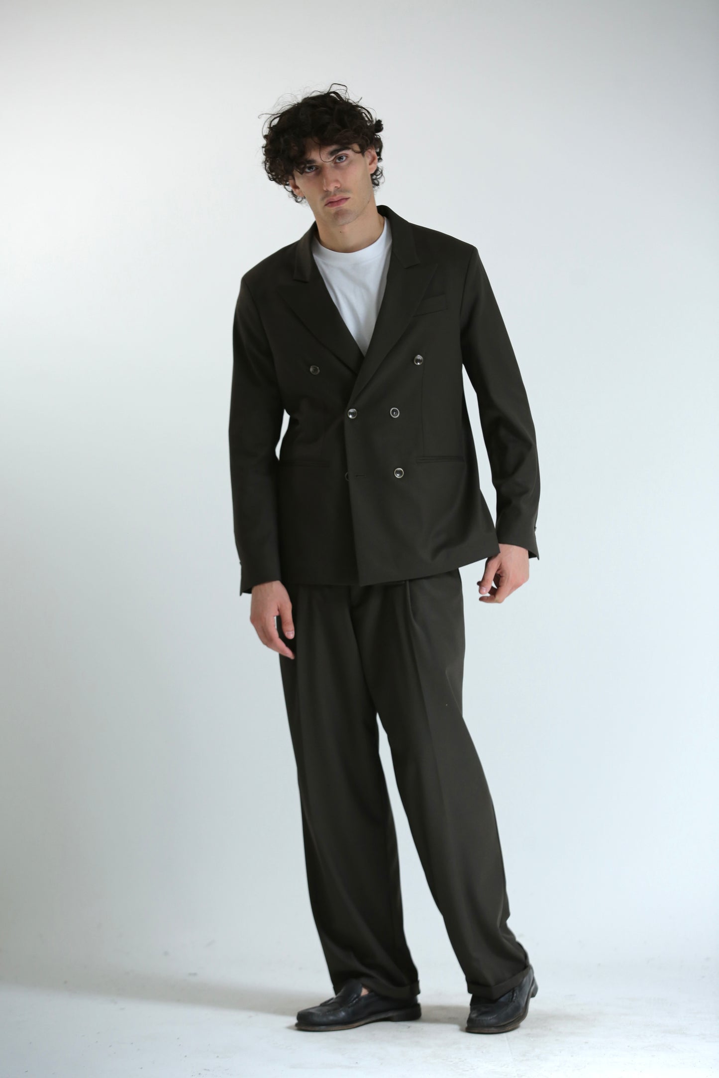 Pantalone vita alta fondo largo verde scuro