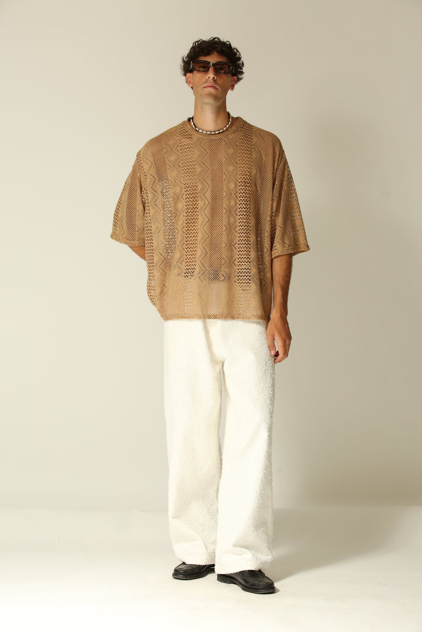 T-shirt traforata crop manica 3/4beige