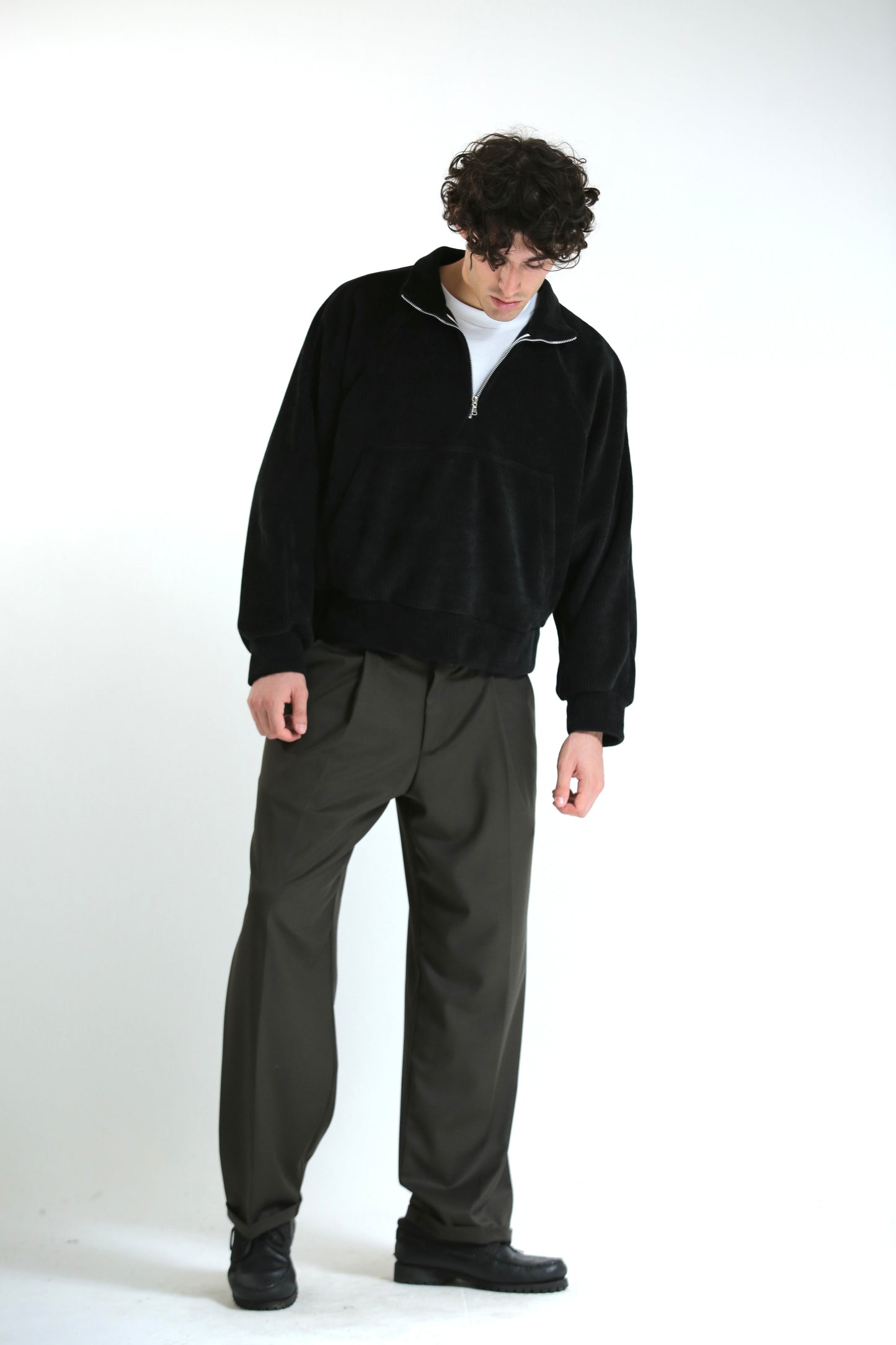 Pantalone vita alta fondo largo verde scuro