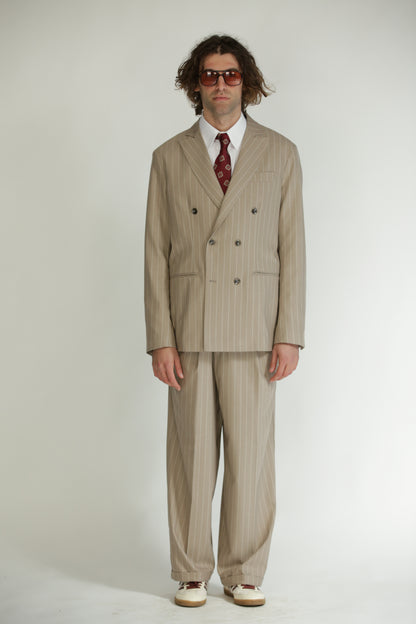 Pantalone vita alta fondo largo gessato beige