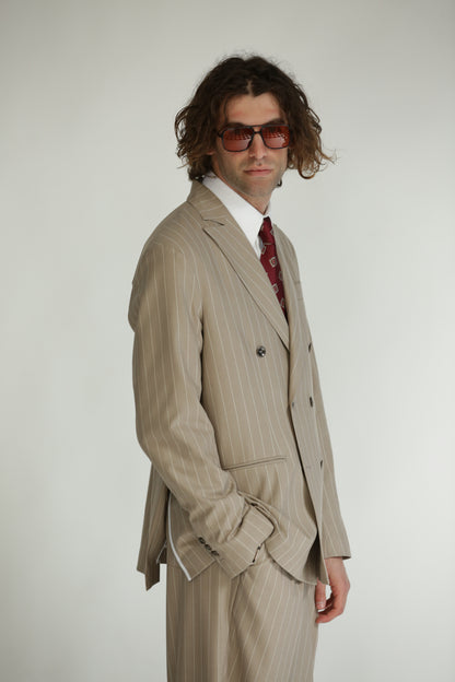 Pantalone vita alta fondo largo gessato beige