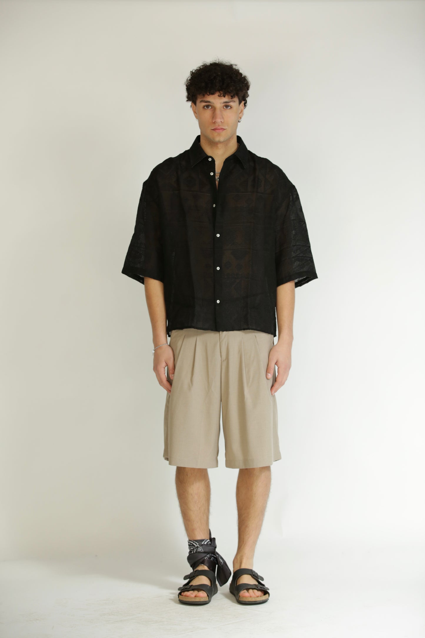 Camicia etnica manica 3/4 nera