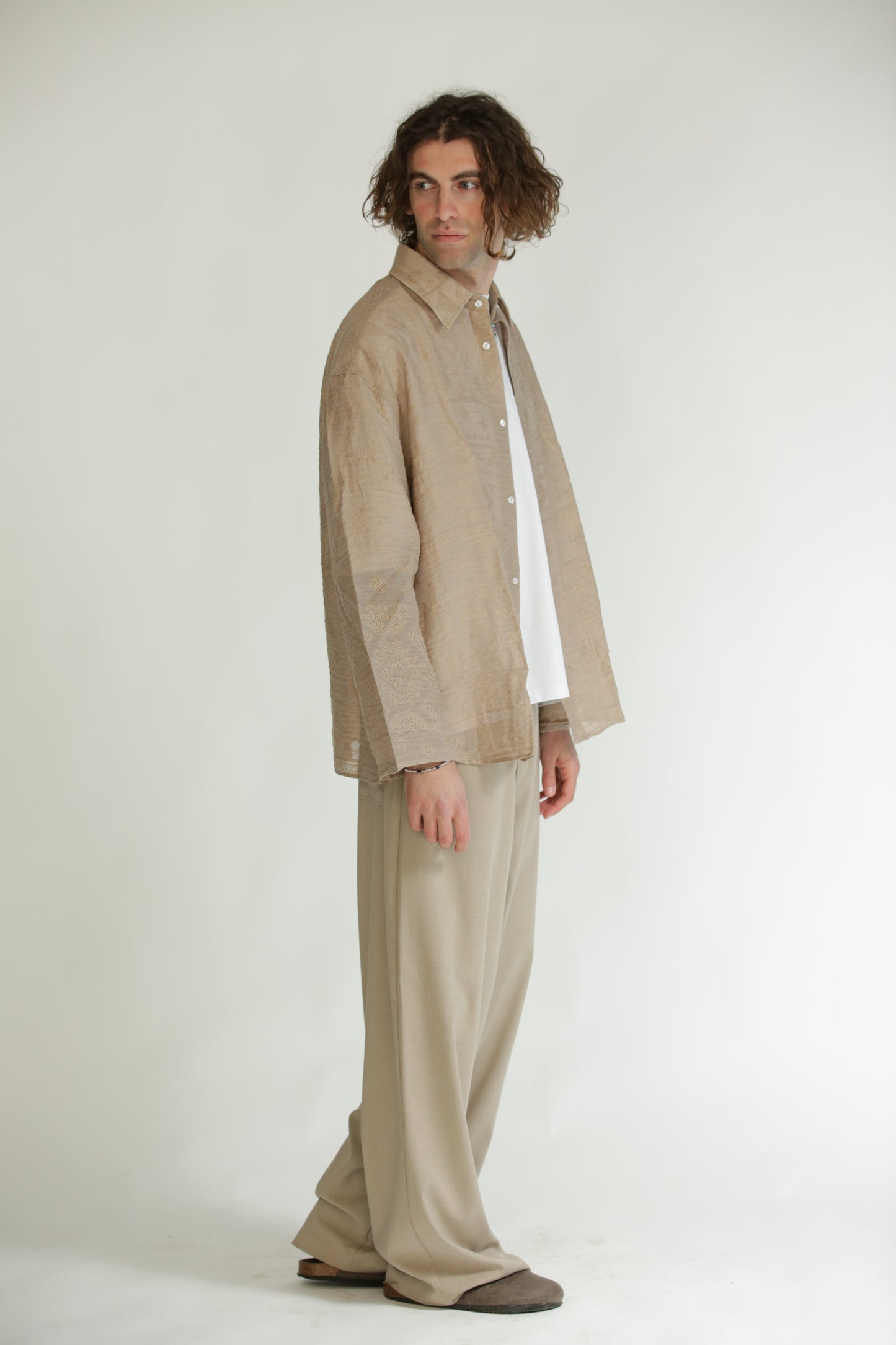 Camicia etnica manica lunga beige