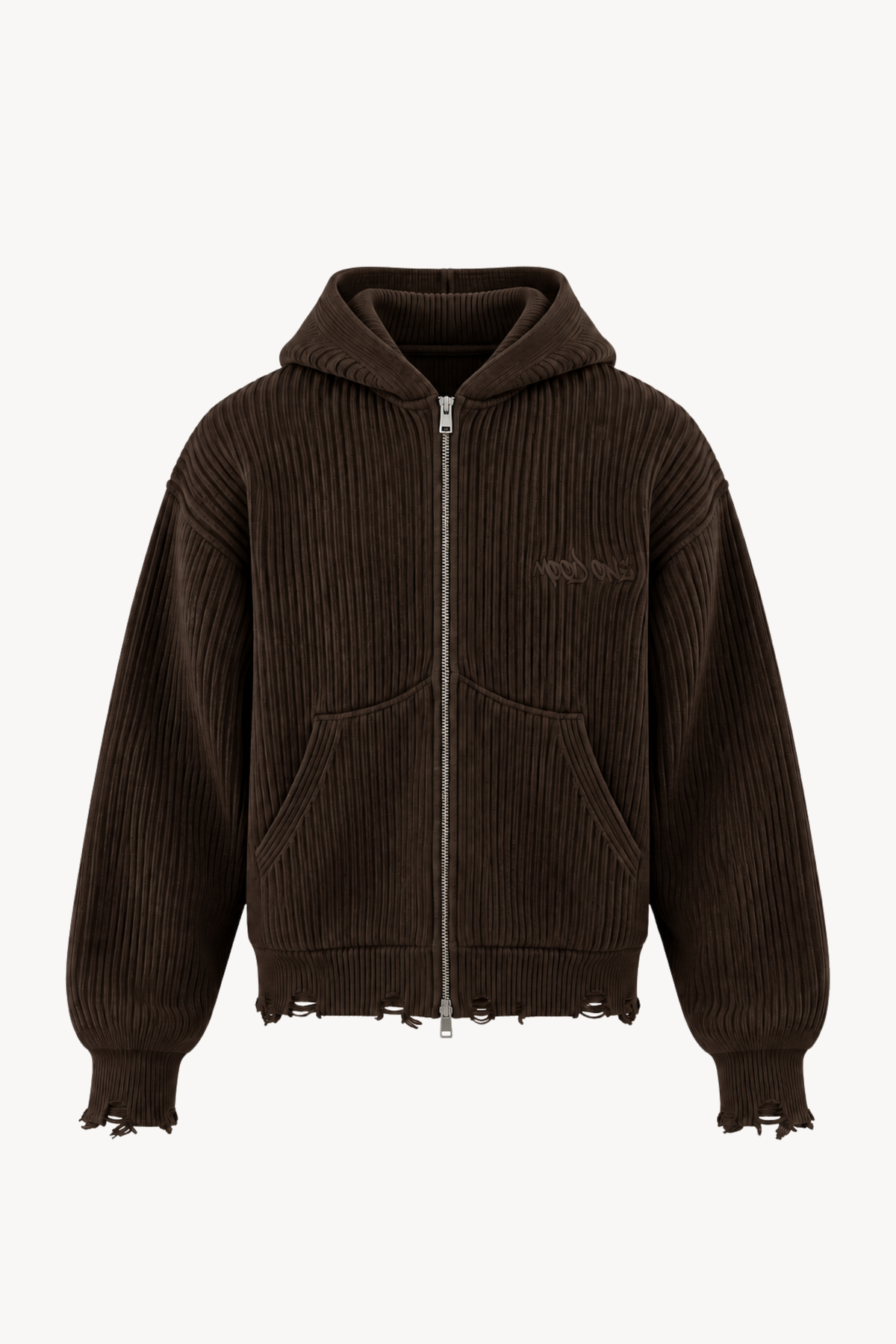 Brown Full-Zip Knit Hoodie