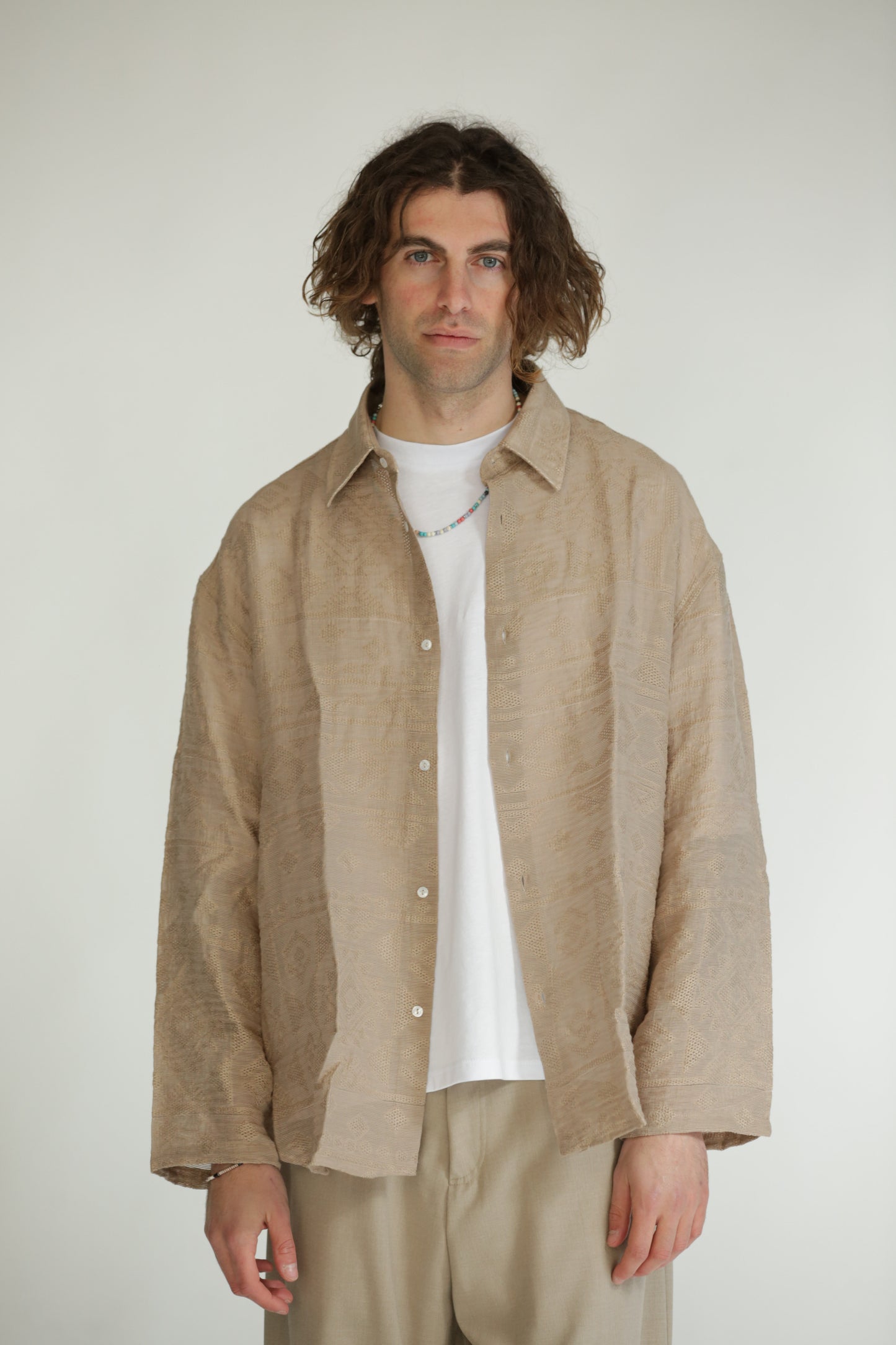 Camicia etnica manica lunga beige