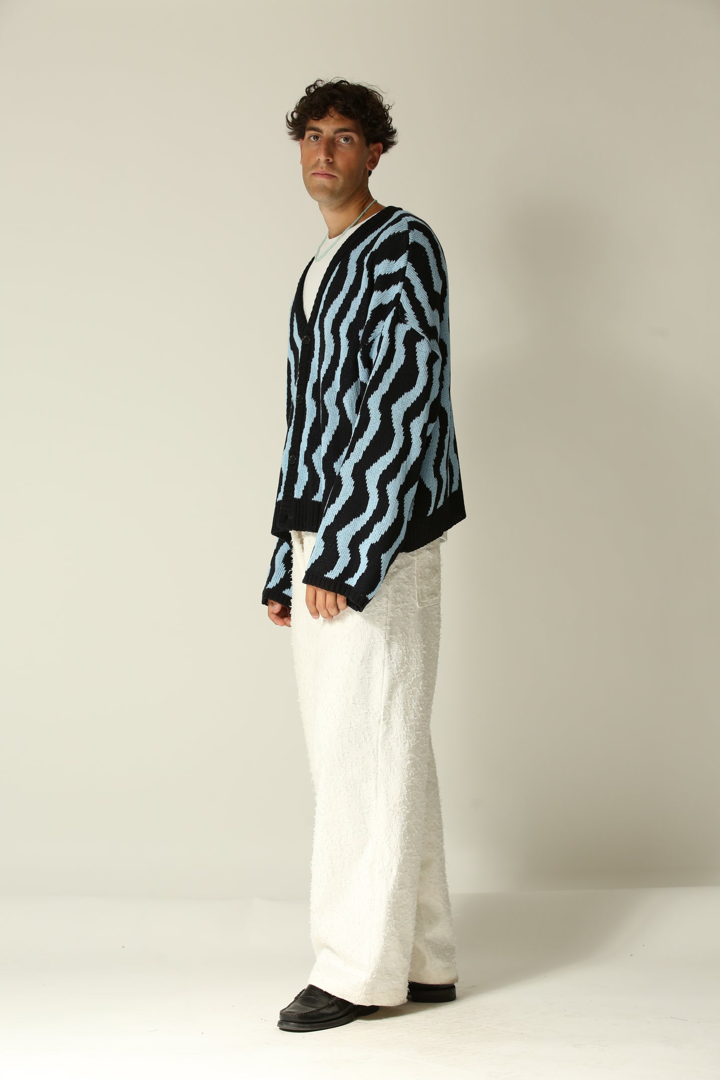 Cardigan crop manica larga fantasia azzurro