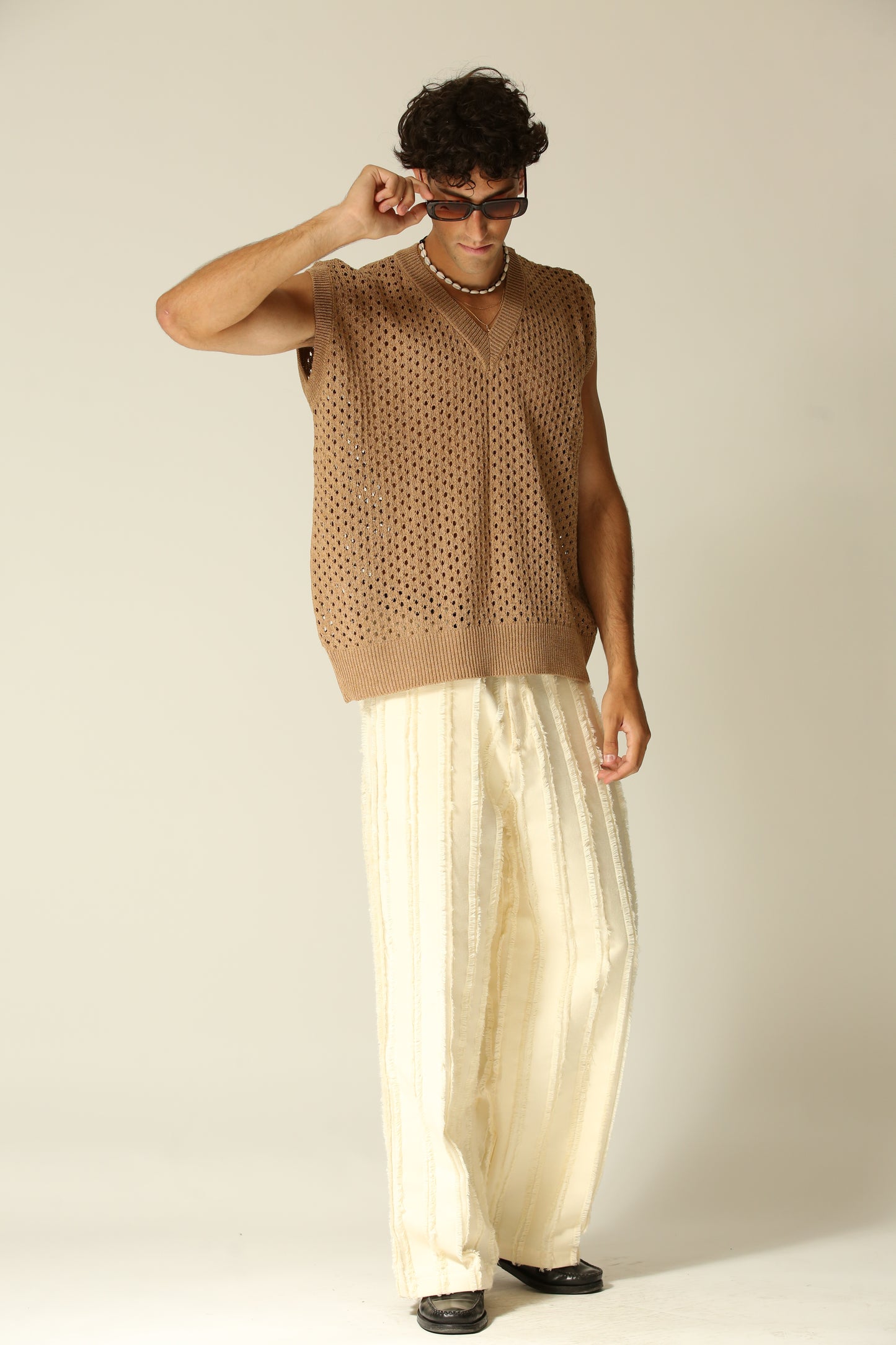 Pantaloni frangiati panna