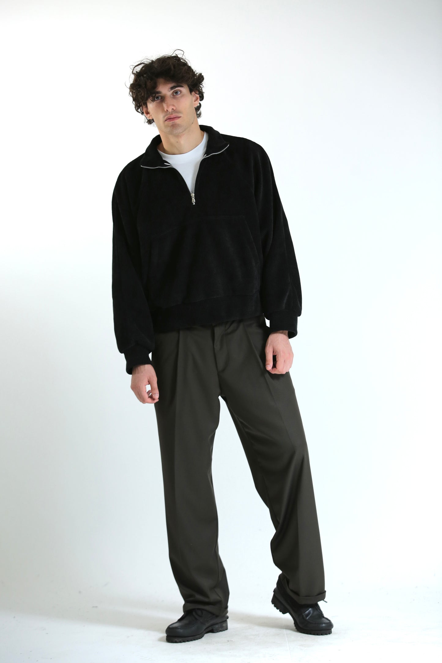 Pantalone vita alta fondo largo verde scuro