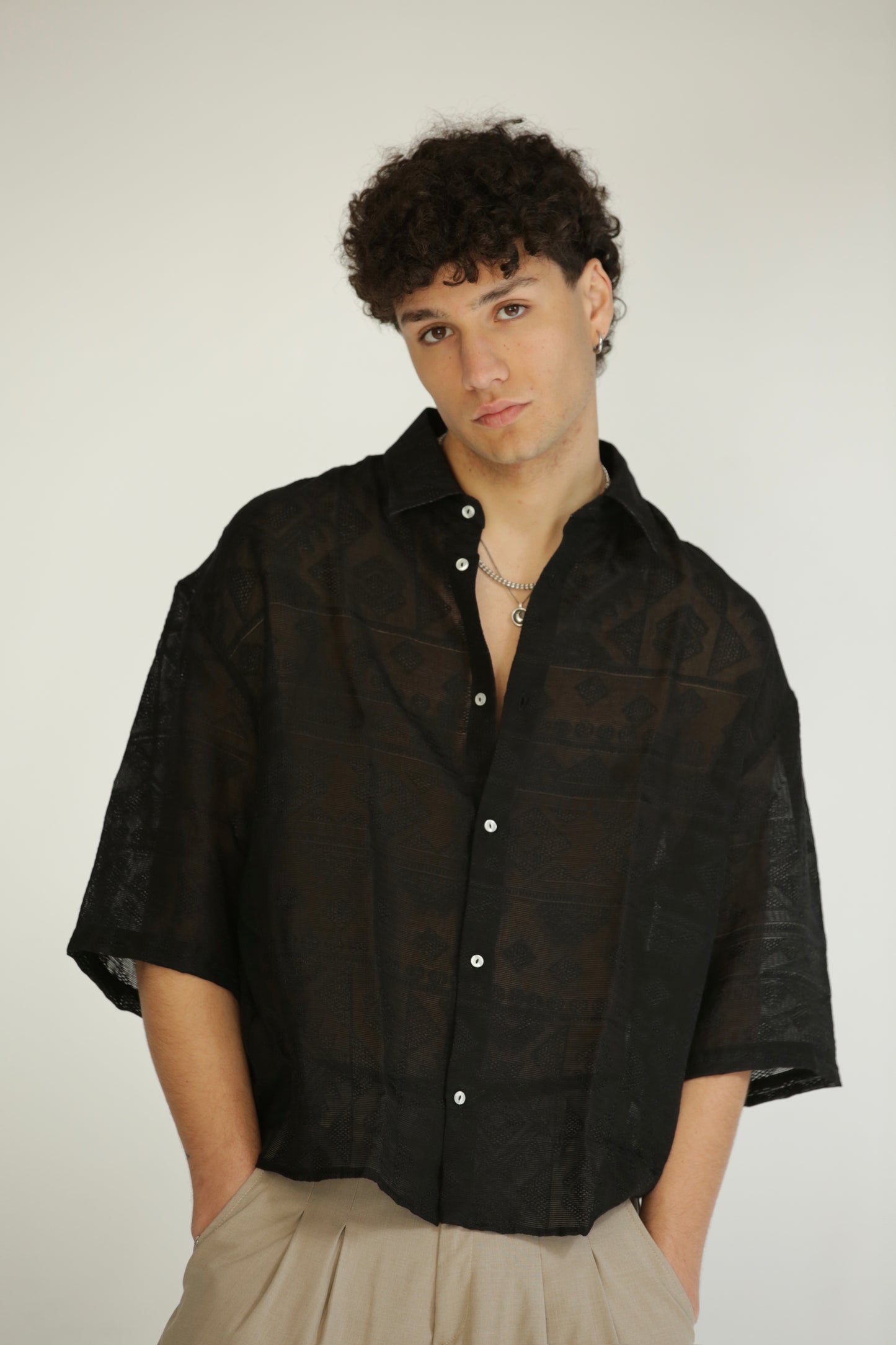 Camicia etnica manica 3/4 nera