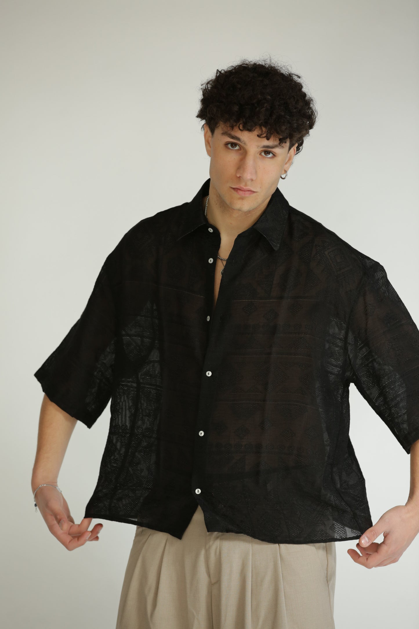 Camicia etnica manica 3/4 nera