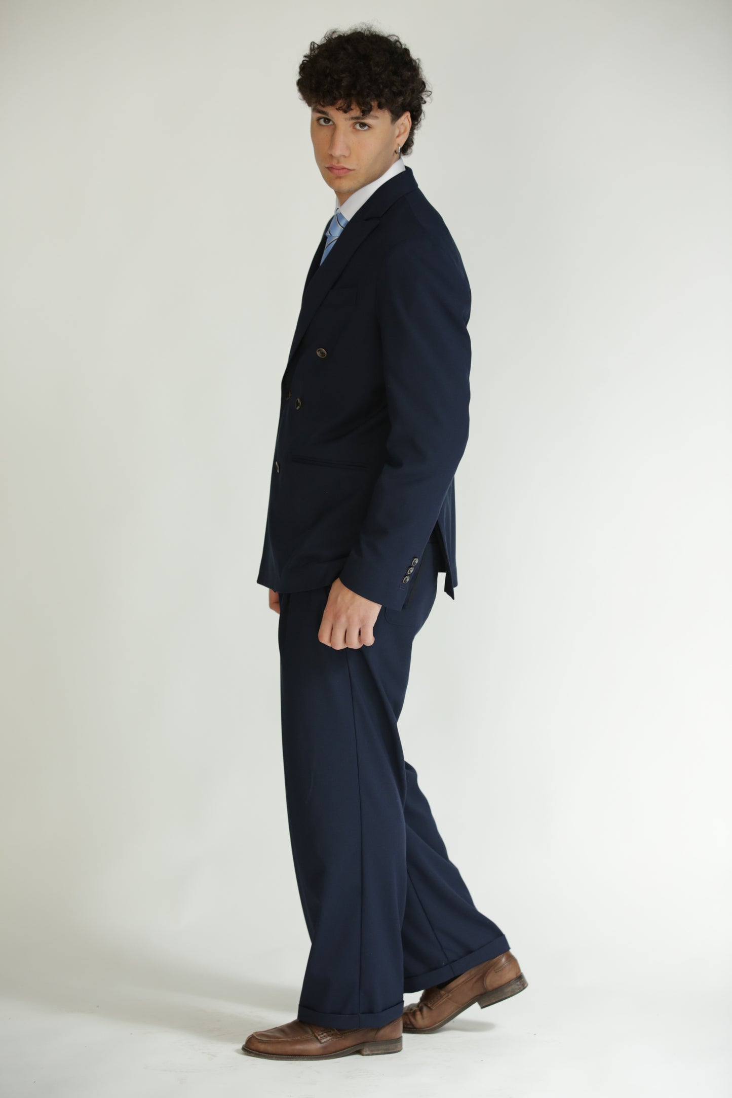Pantalone vita alta fondo largo blu