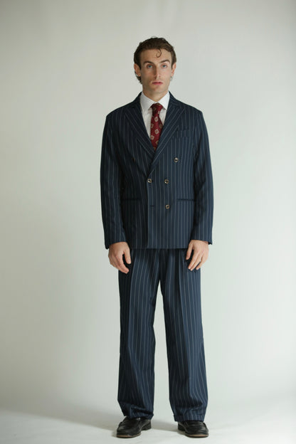 Pantalone vita alta fondo largo gessato blu