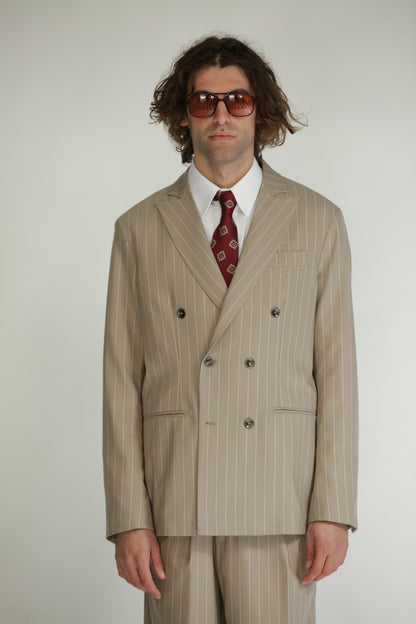 Pantalone vita alta fondo largo gessato beige