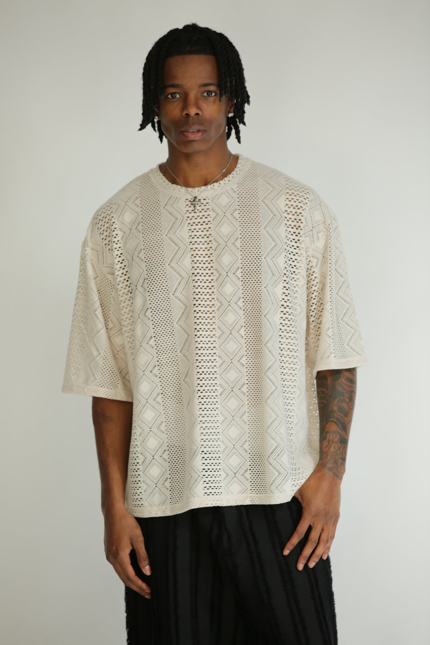 T-shirt traforata crop manica 3/4 bianca