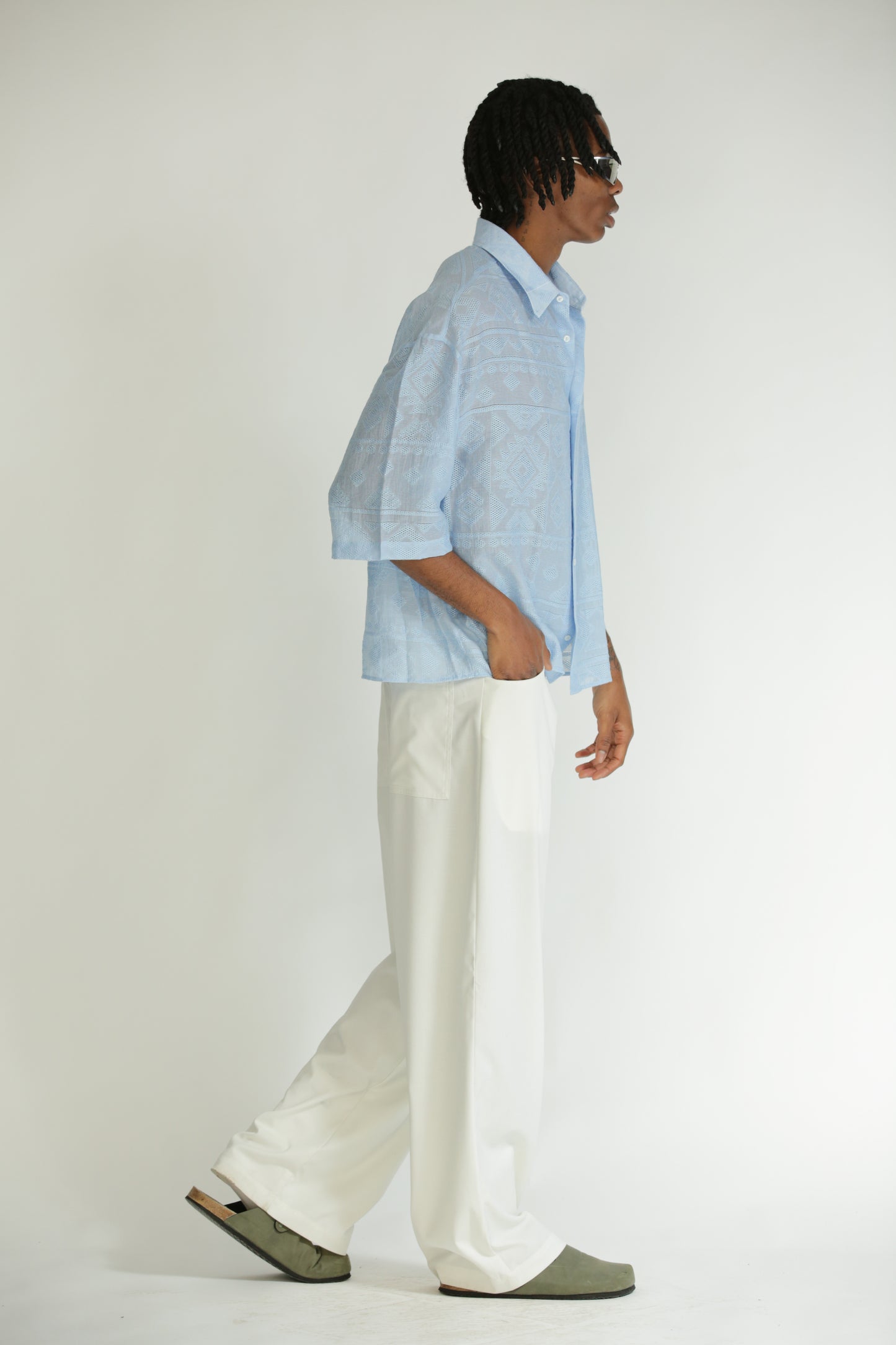 Camicia etnica manica 3/4 celeste