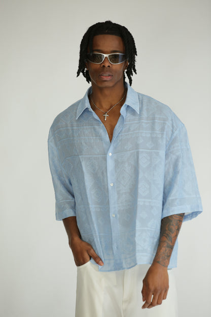 Camicia etnica manica 3/4 celeste