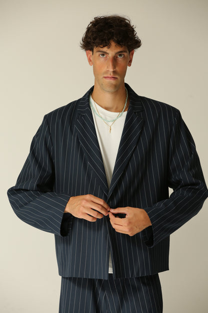 Giacca crop monopetto gessata blu