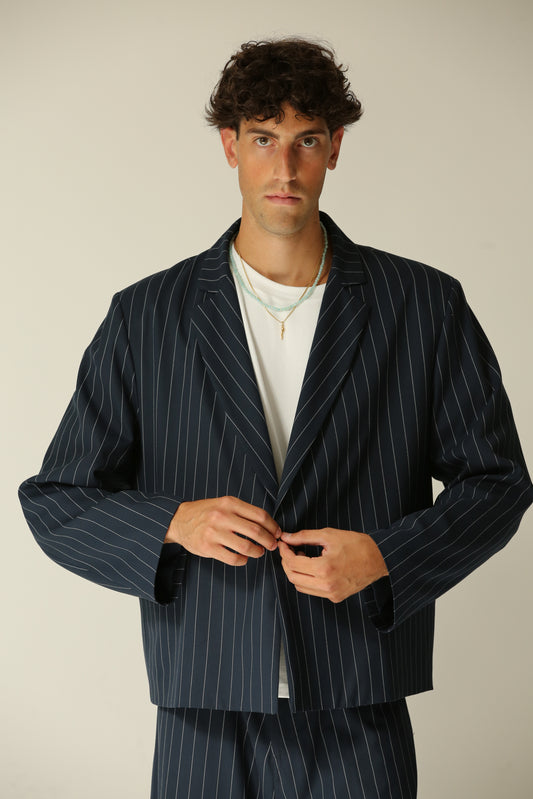 Giacca crop monopetto gessata blu