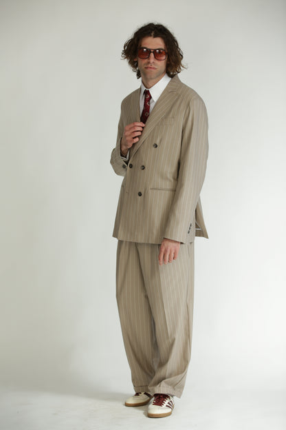 Pantalone vita alta fondo largo gessato beige