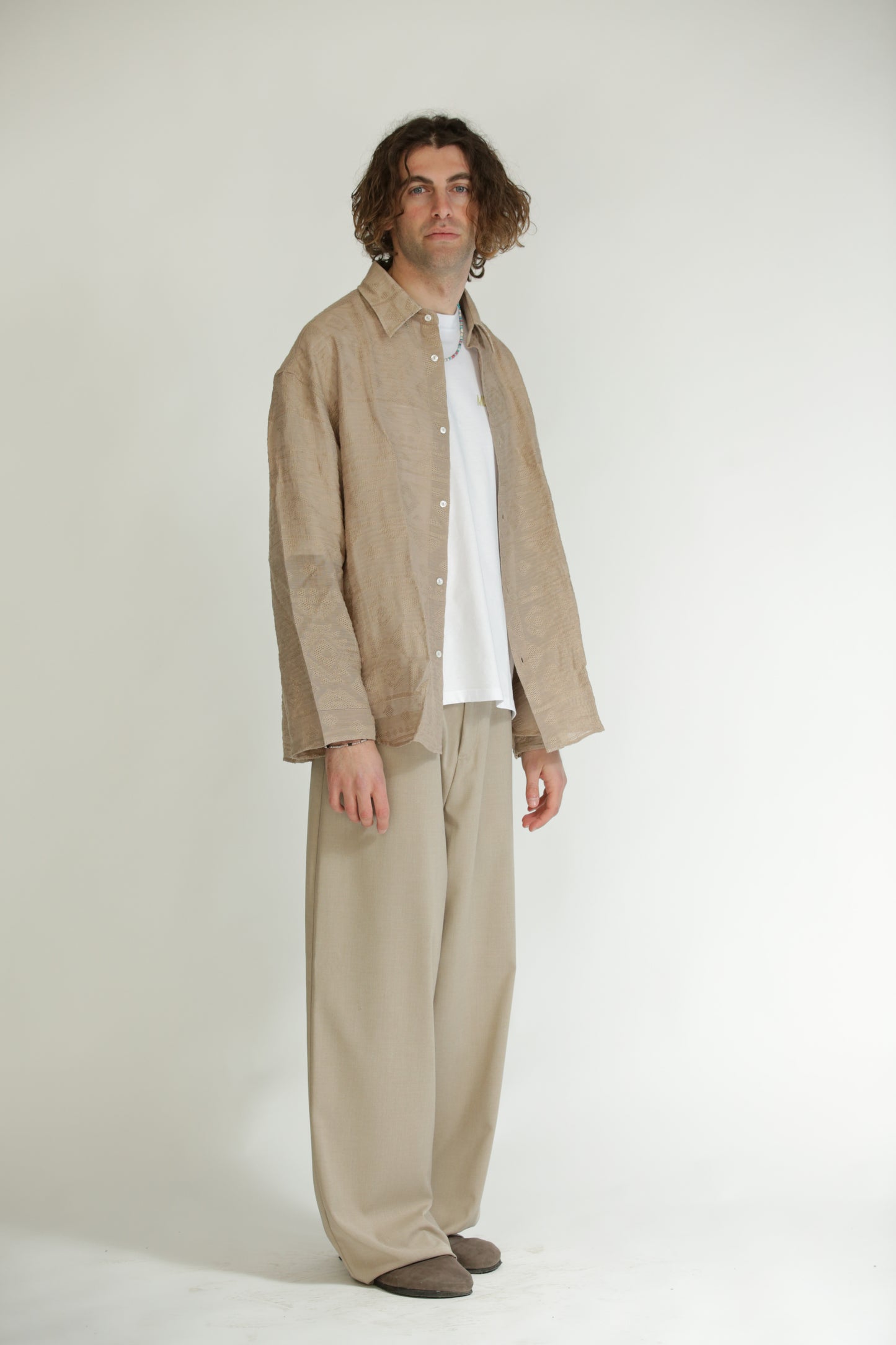 Camicia etnica manica lunga beige