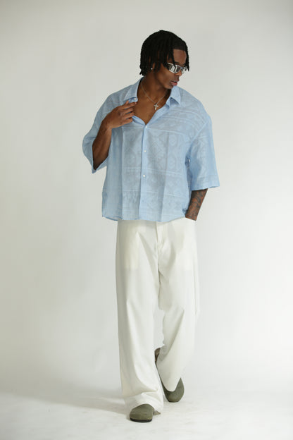 Camicia etnica manica 3/4 celeste