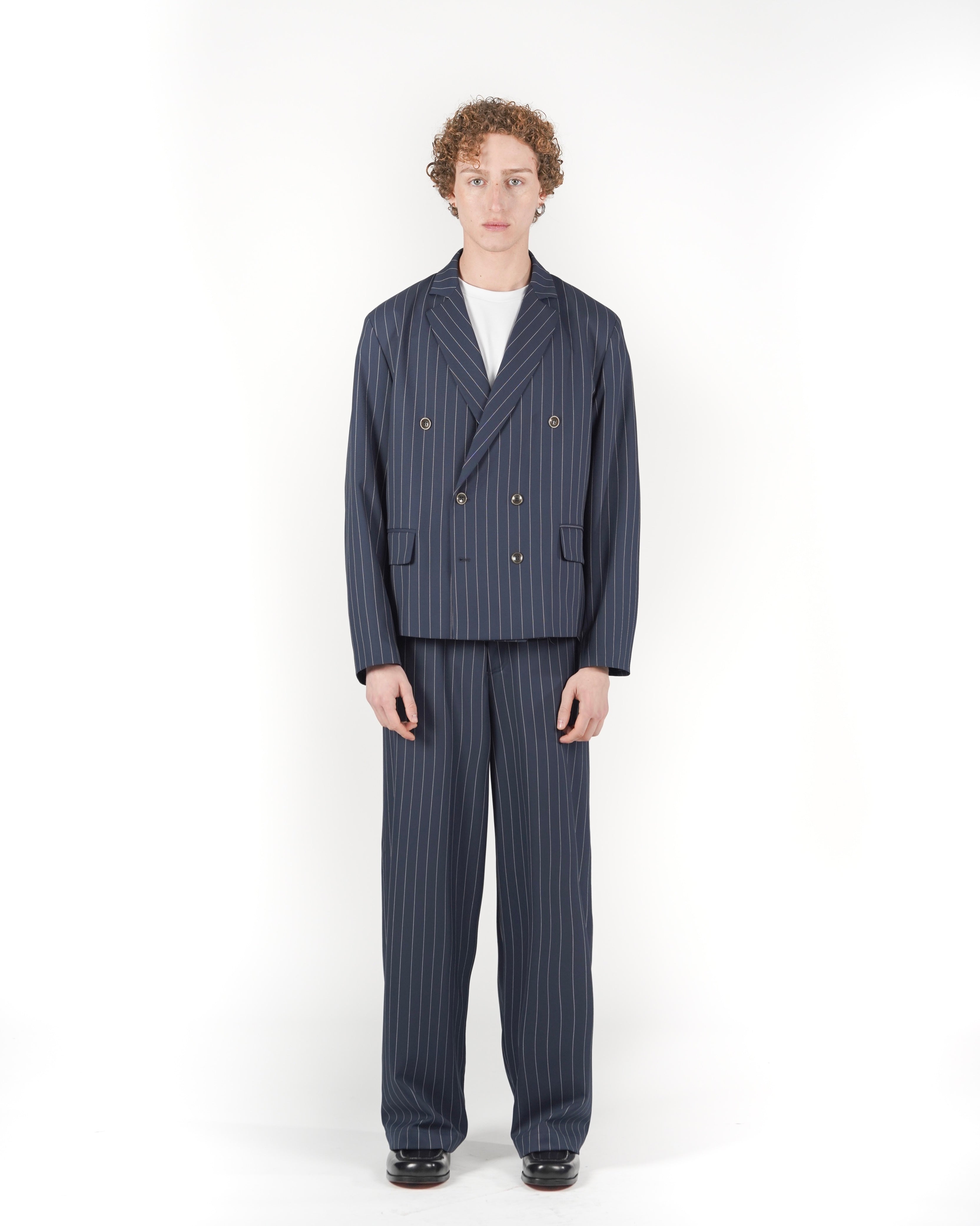 Giacca doppiopetto crop gessato blu