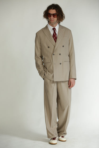 Pantalone vita alta fondo largo gessato beige