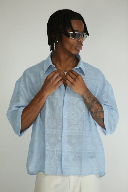 Camicia etnica manica 3/4 celeste