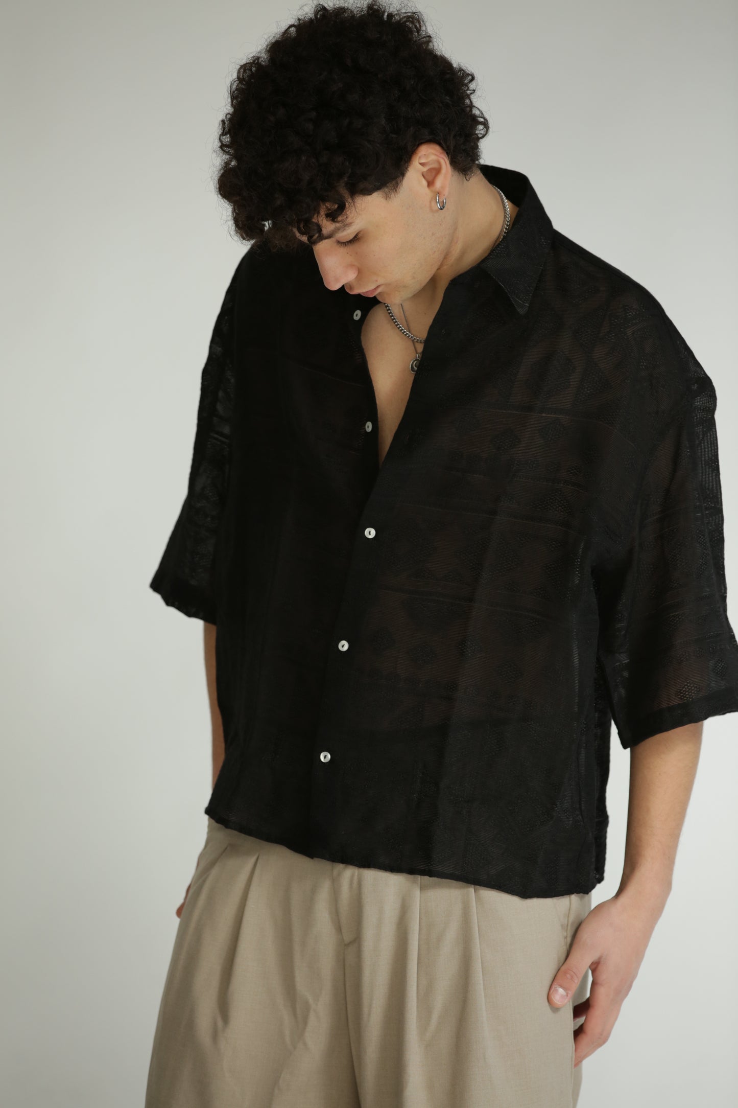 Camicia etnica manica 3/4 nera