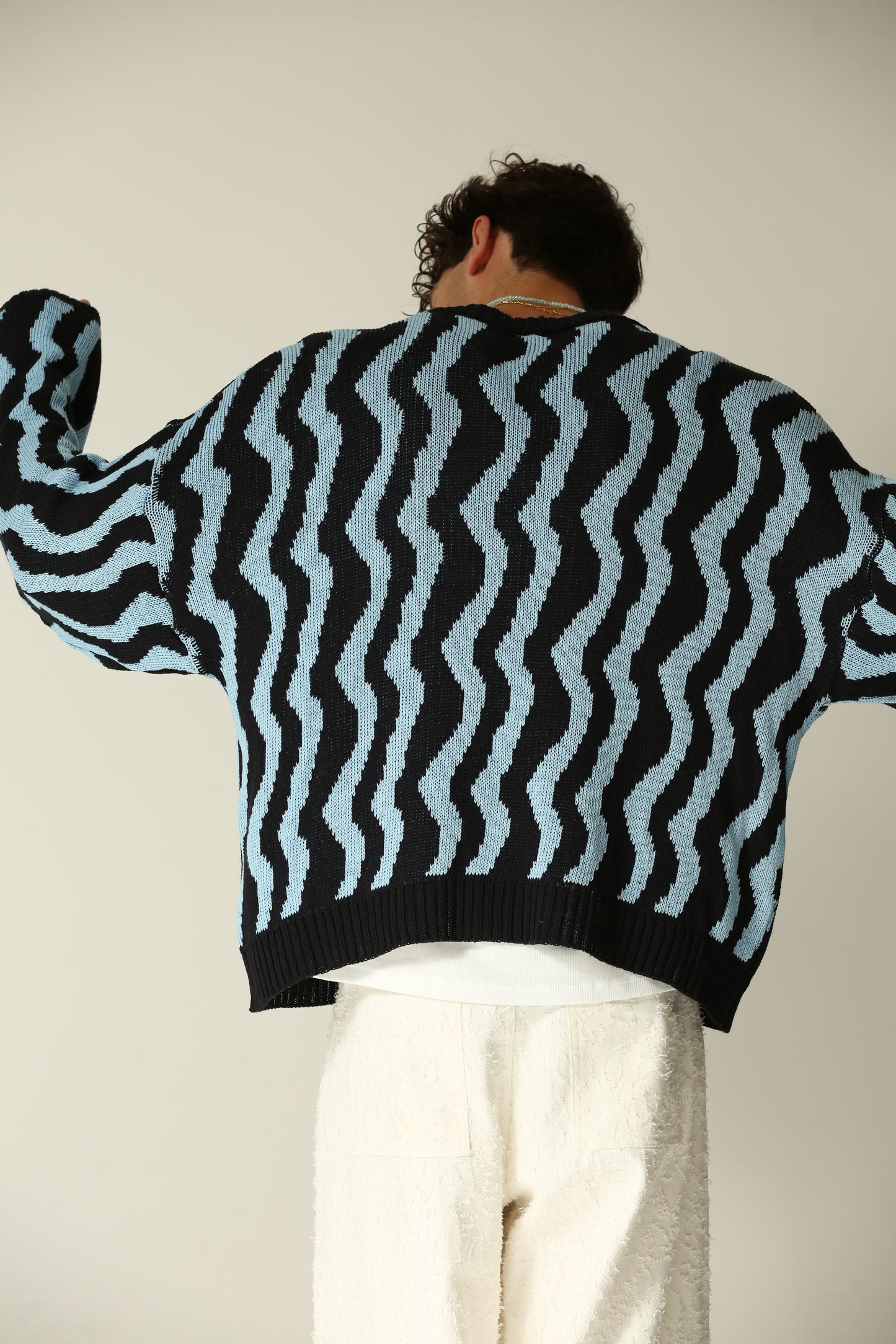 Cardigan crop manica larga fantasia azzurro