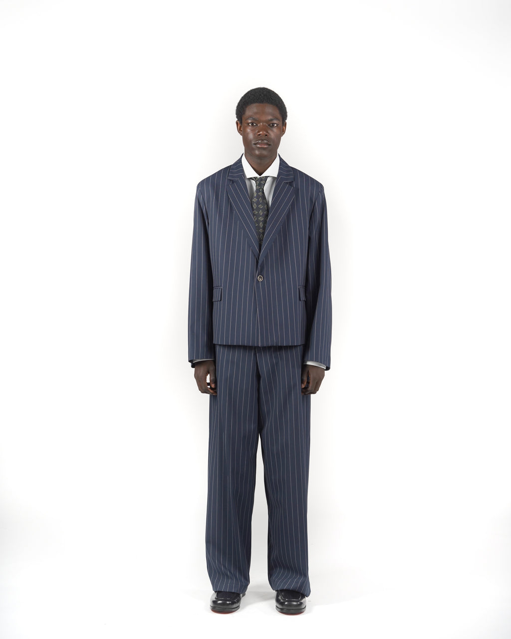 Giacca monopetto crop gessato blu