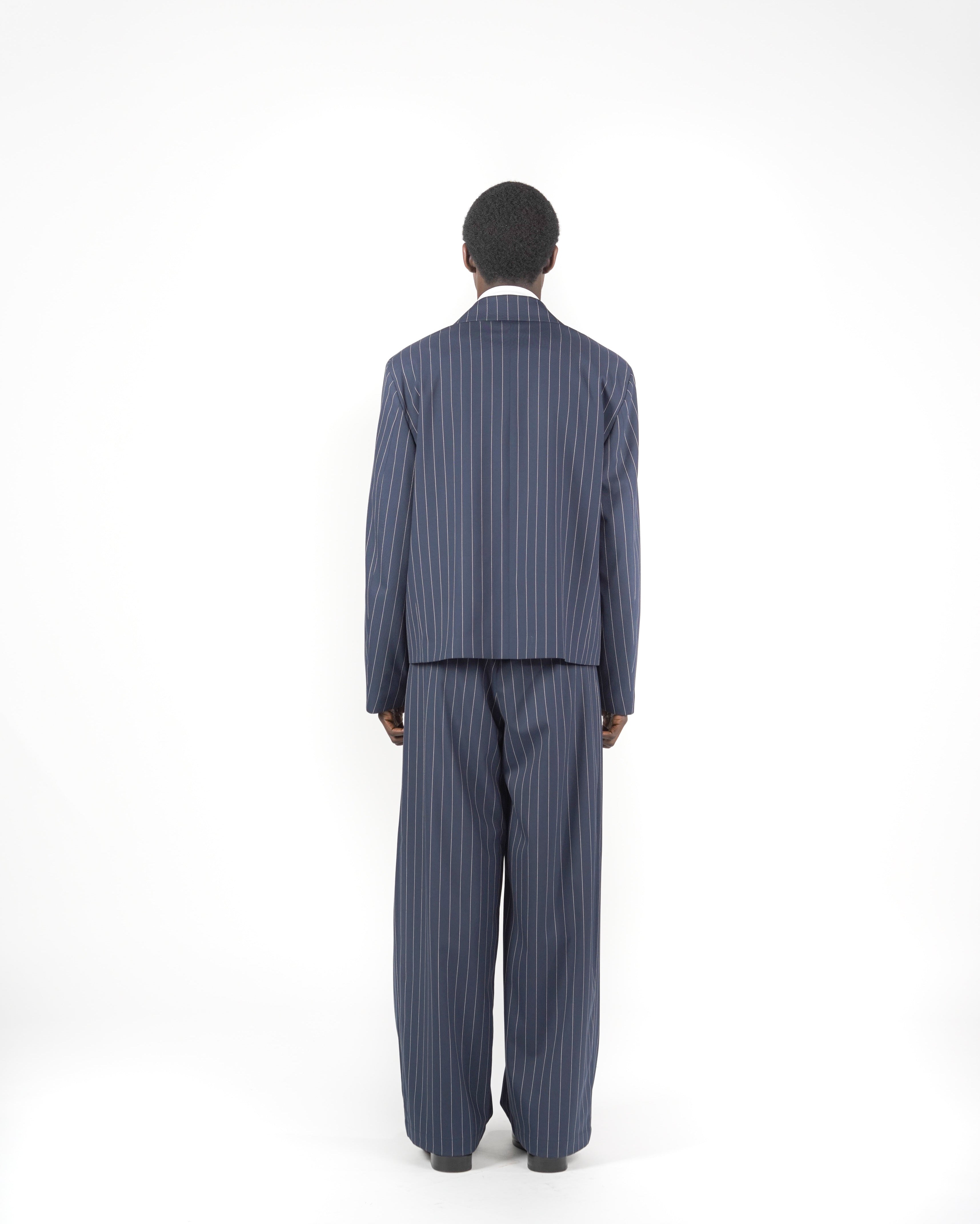 Giacca monopetto crop gessato blu