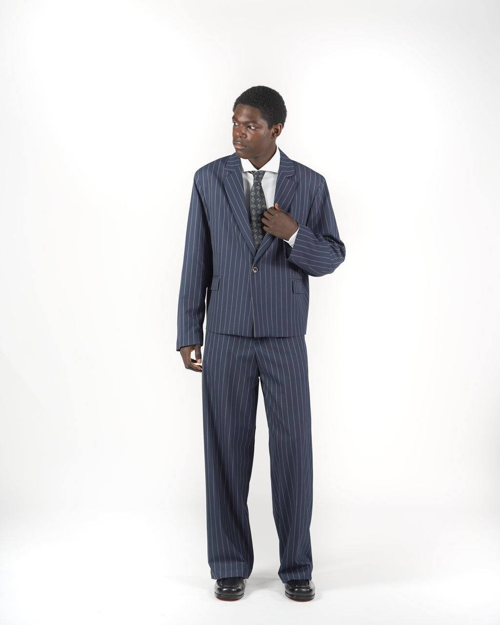 Giacca monopetto crop gessato blu