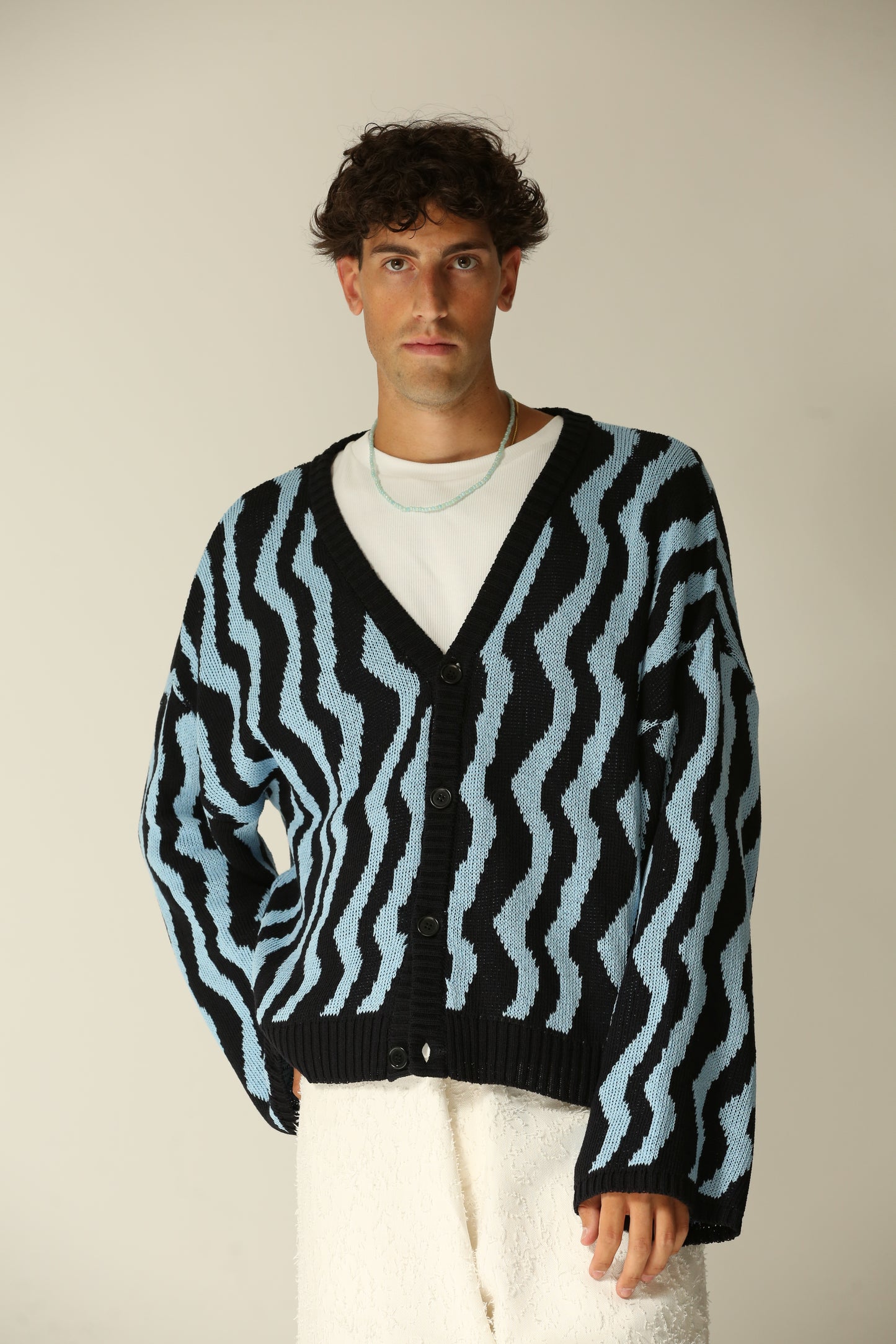 Cardigan crop manica larga fantasia azzurro