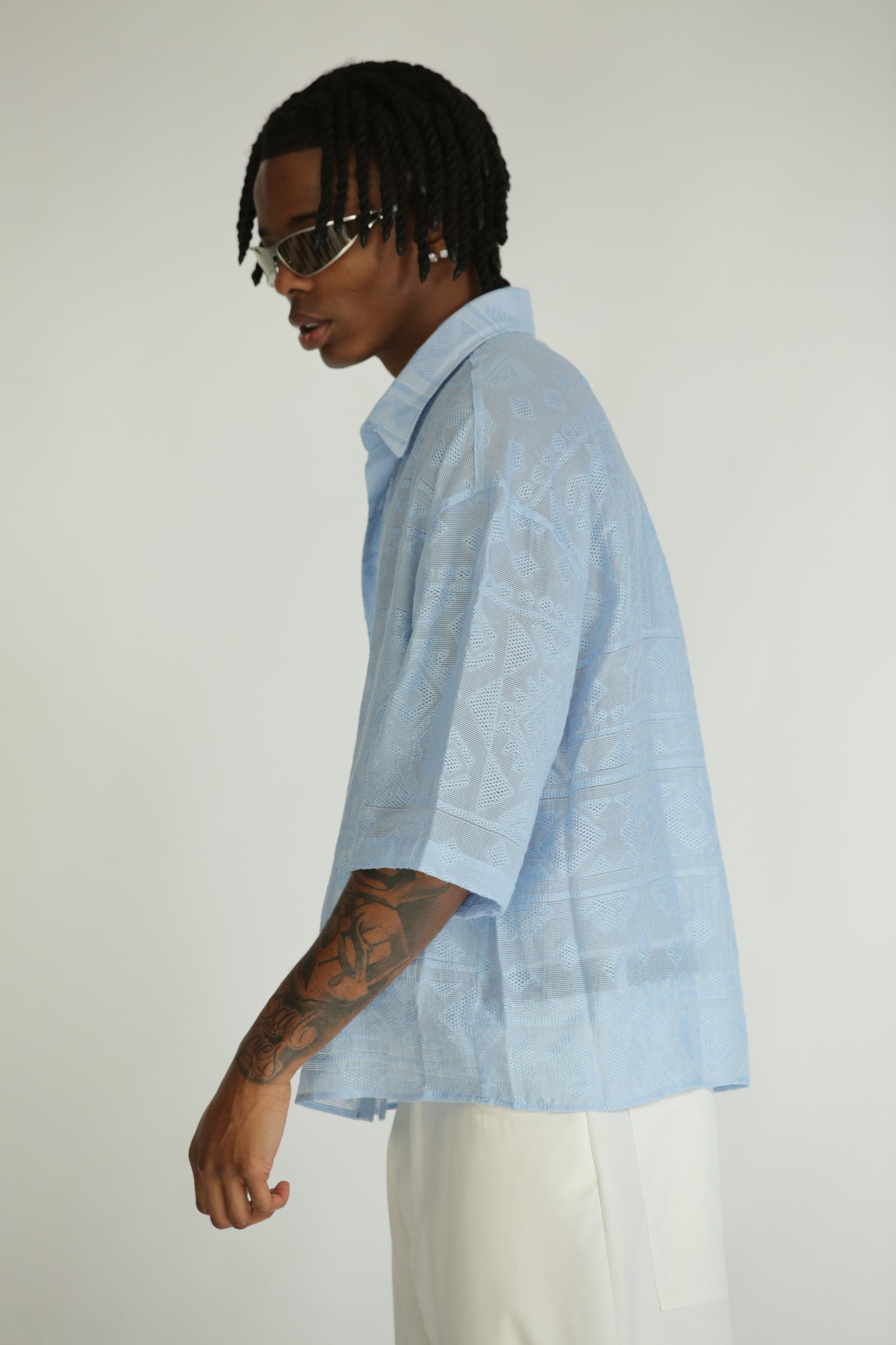 Camicia etnica manica 3/4 celeste