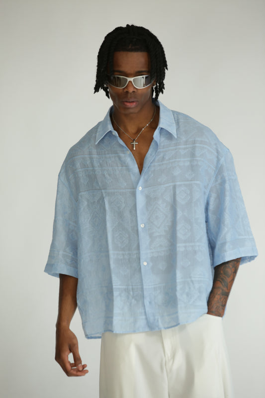 Camicia etnica manica 3/4 celeste