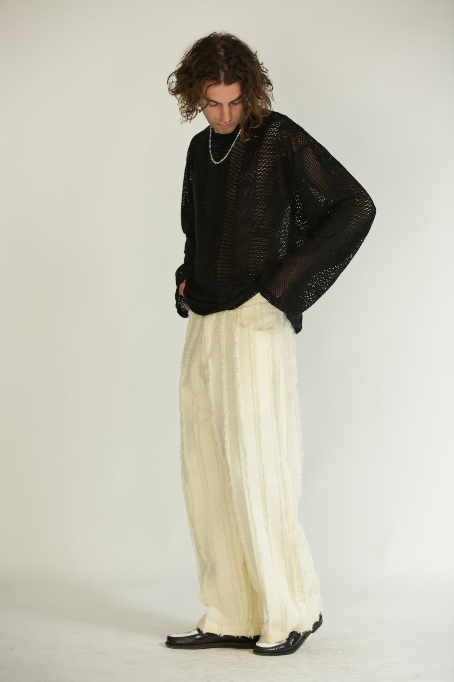 Pantaloni frangiati panna