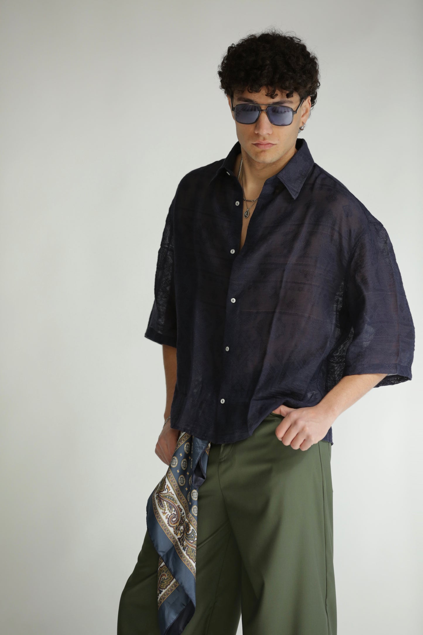 Camicia etnica manica 3/4 blu