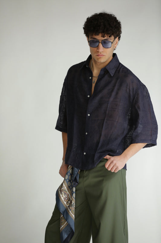 Camicia etnica manica 3/4 blu
