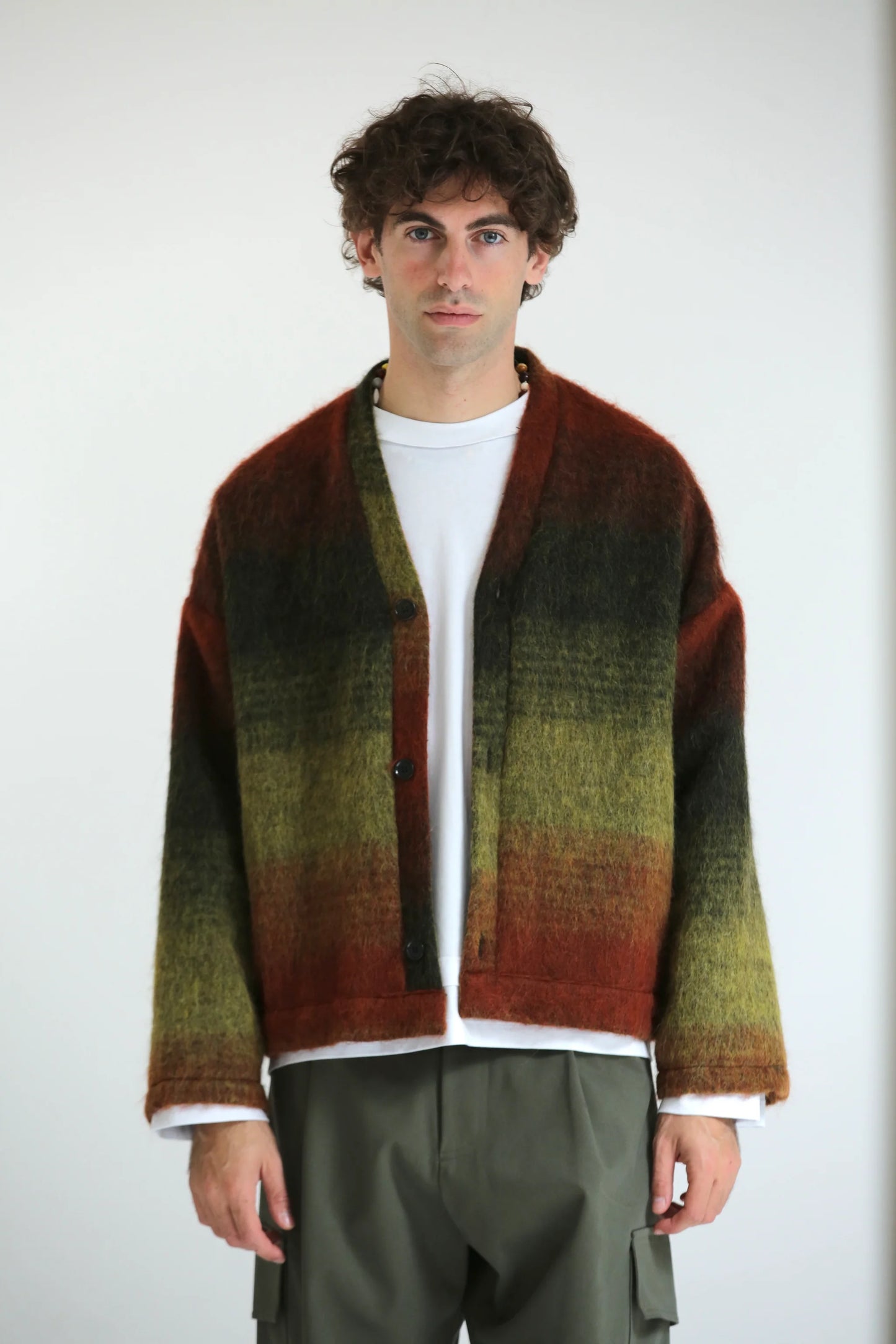 Cardigan mohair verde/rosso