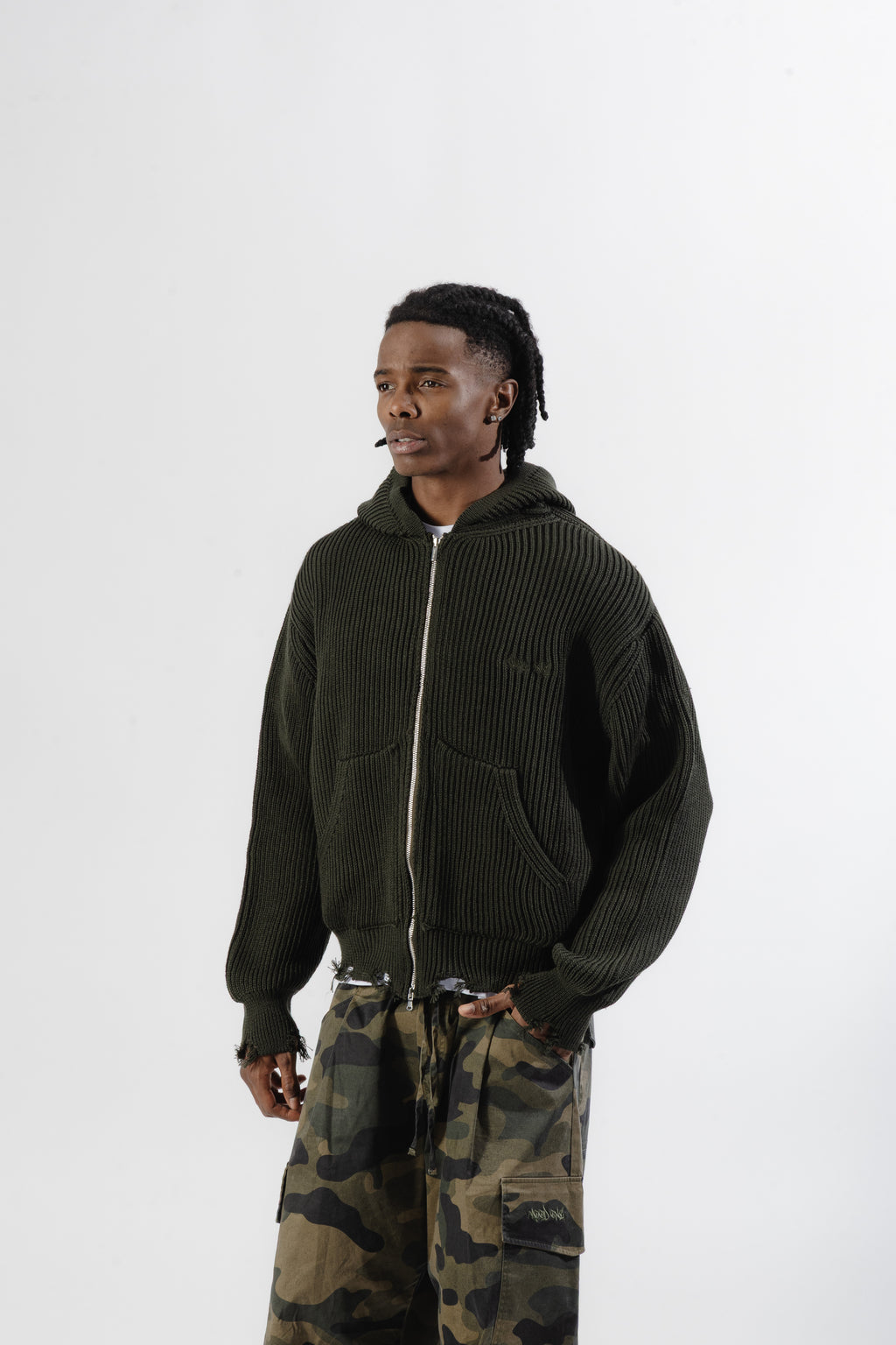 Green Full-Zip Knit Hoodie