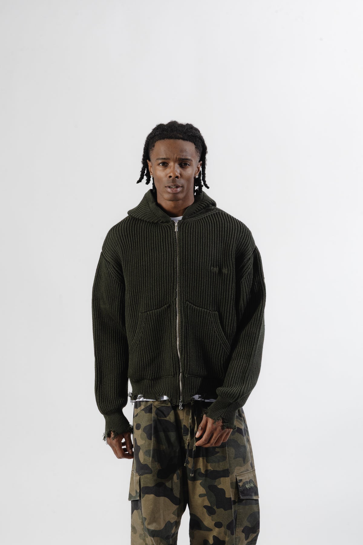 Green Full-Zip Knit Hoodie