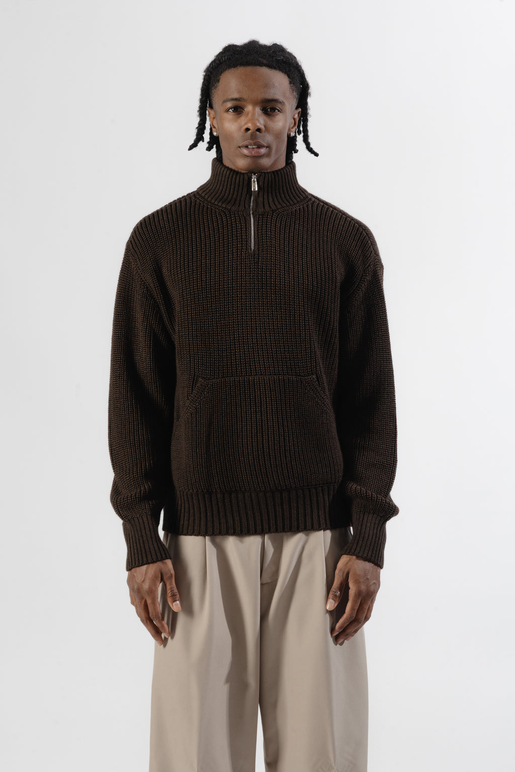 Brown Quarter Zip Knit Sweater