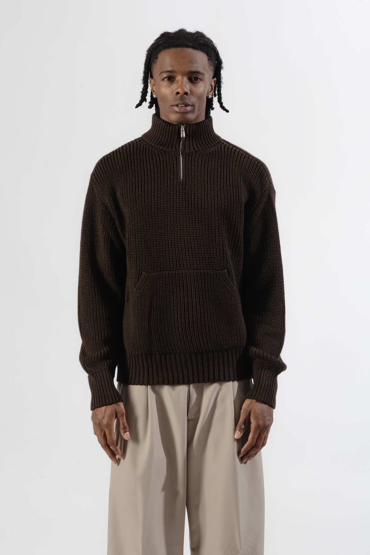 Brown Quarter Zip Knit Sweater