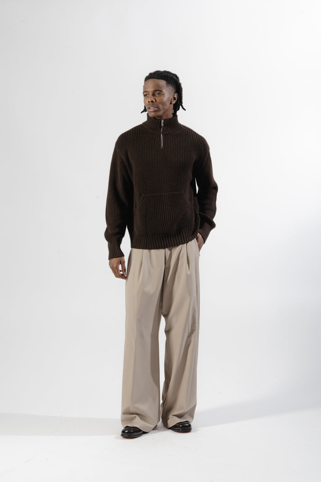 Brown Quarter Zip Knit Sweater