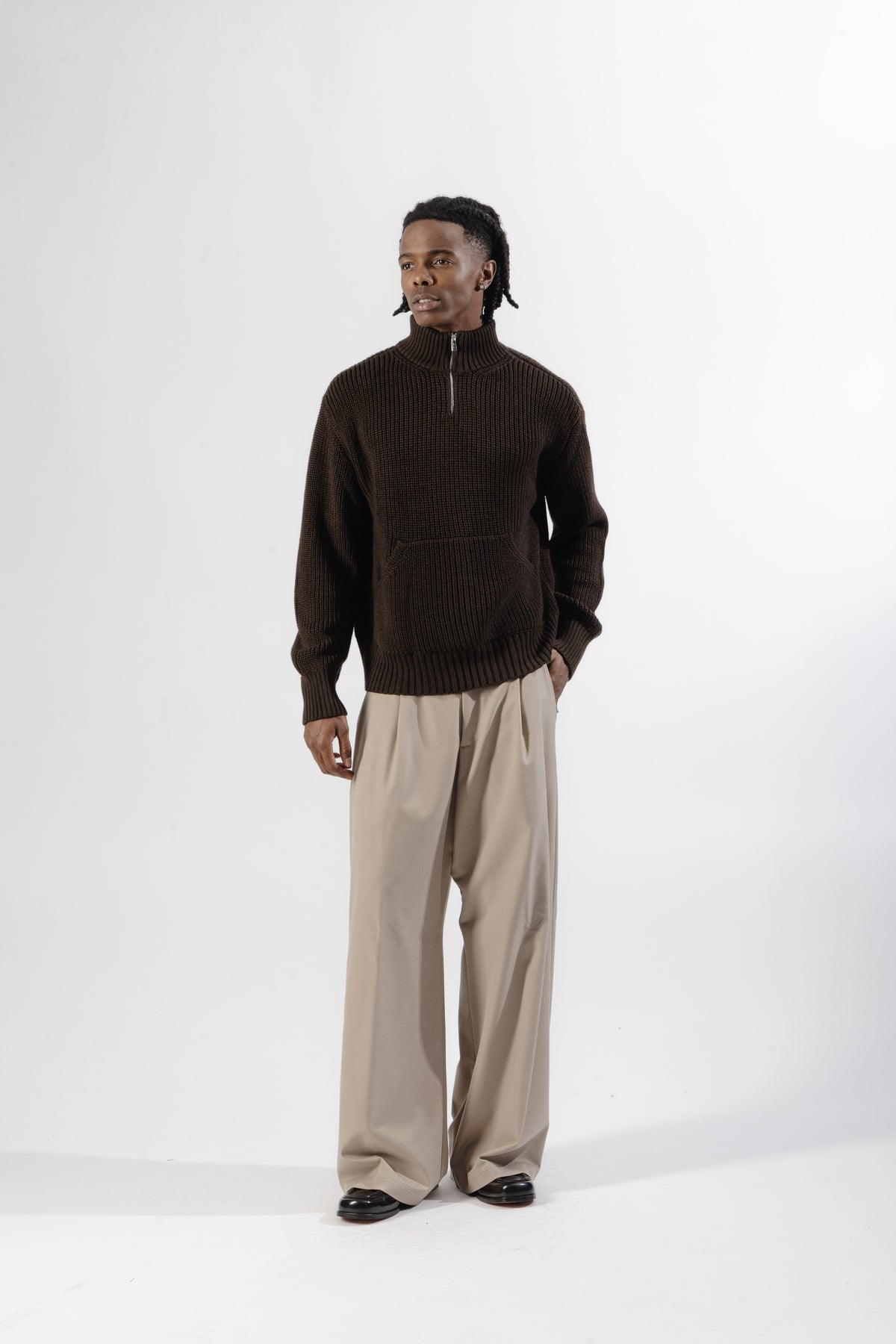 Brown Quarter Zip Knit Sweater